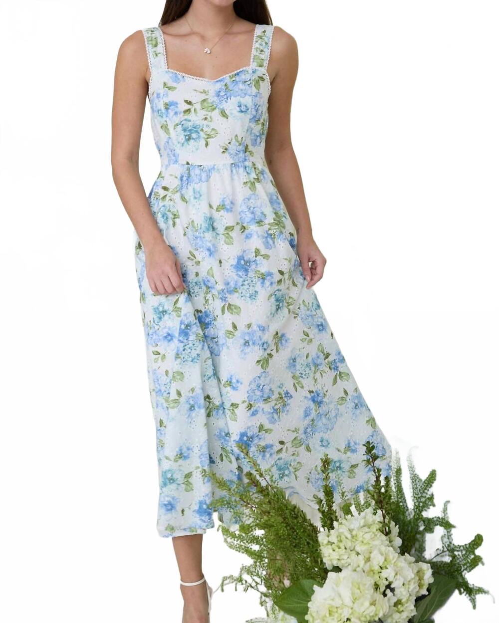 NEW BLU PEPPER floral eyelet pattern scallop lace trim midi dress in blue multi